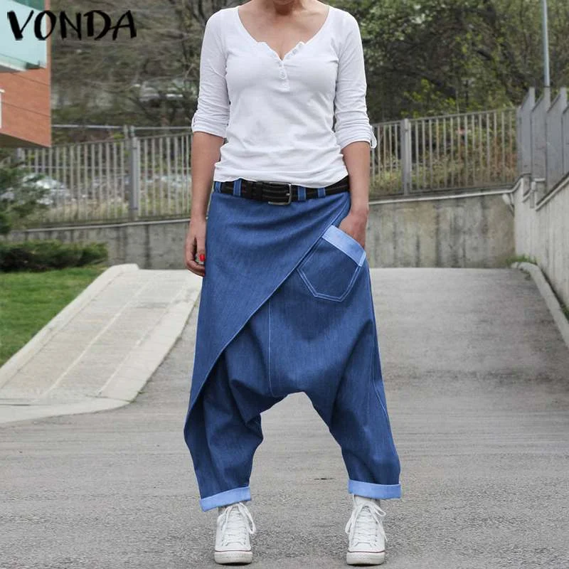 Women Casual Denim Harem Pants VONDA Fashion Summer Wide Leg Pants Bohemian Women's Trousers Plus Size Beach Streetwear 5XL Trousers Business Professional