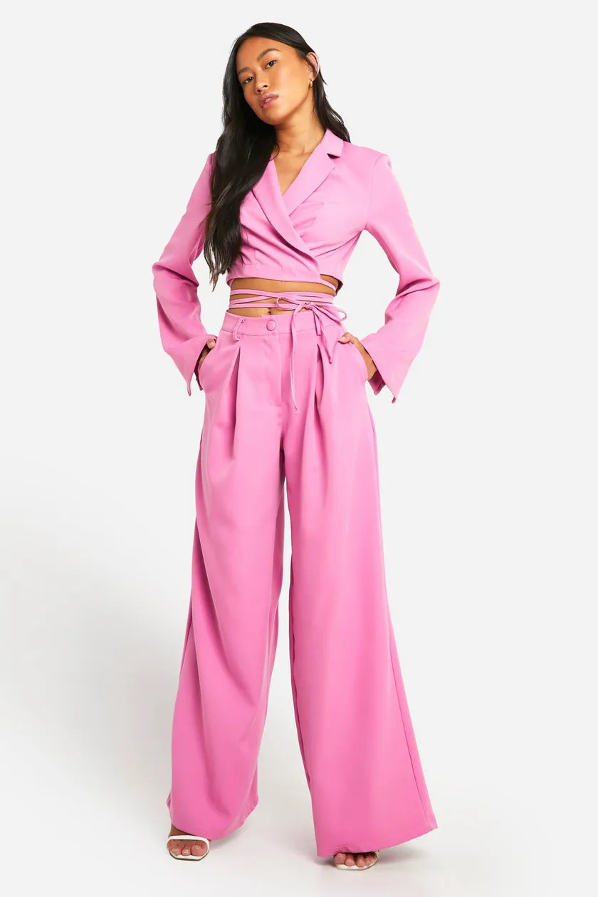 Pleat Front Wide Leg Tailored Trousers Pink Trousers Lace Delicate