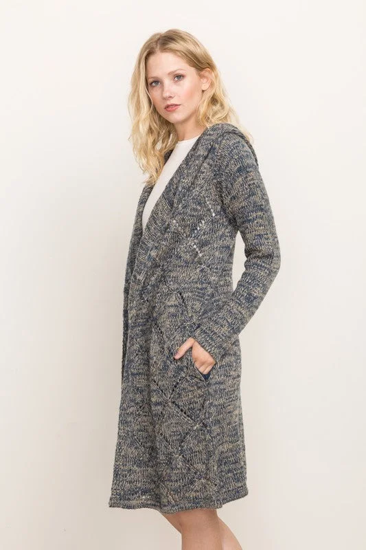 Long Hooded Cardigan Herringbone Houndstooth Plaid