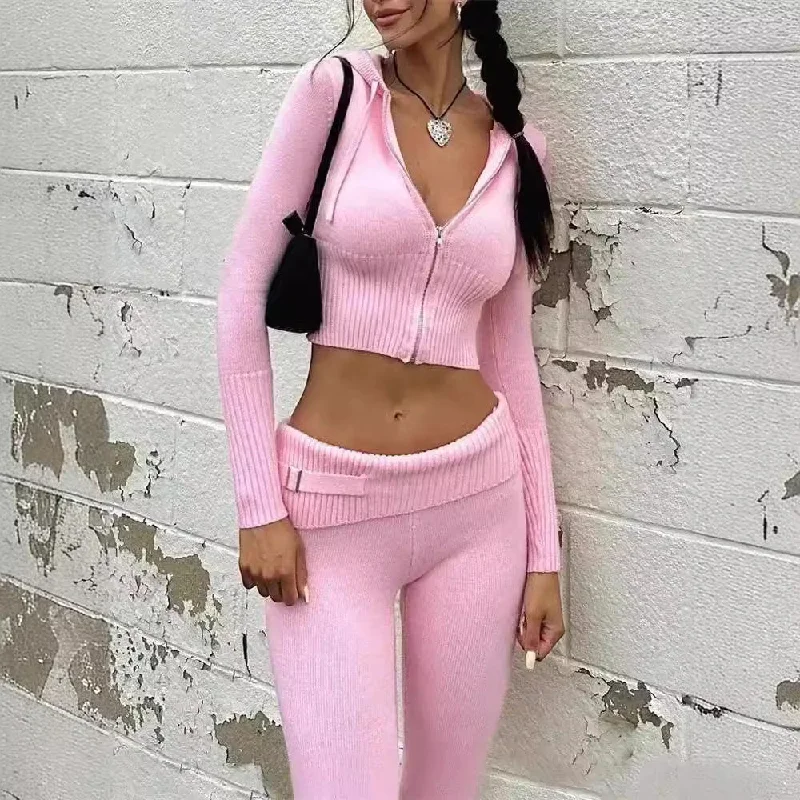 Women's Knitted Hooded Two-Piece Set – High Waist Long Sleeve & Trousers Trousers Business Professional