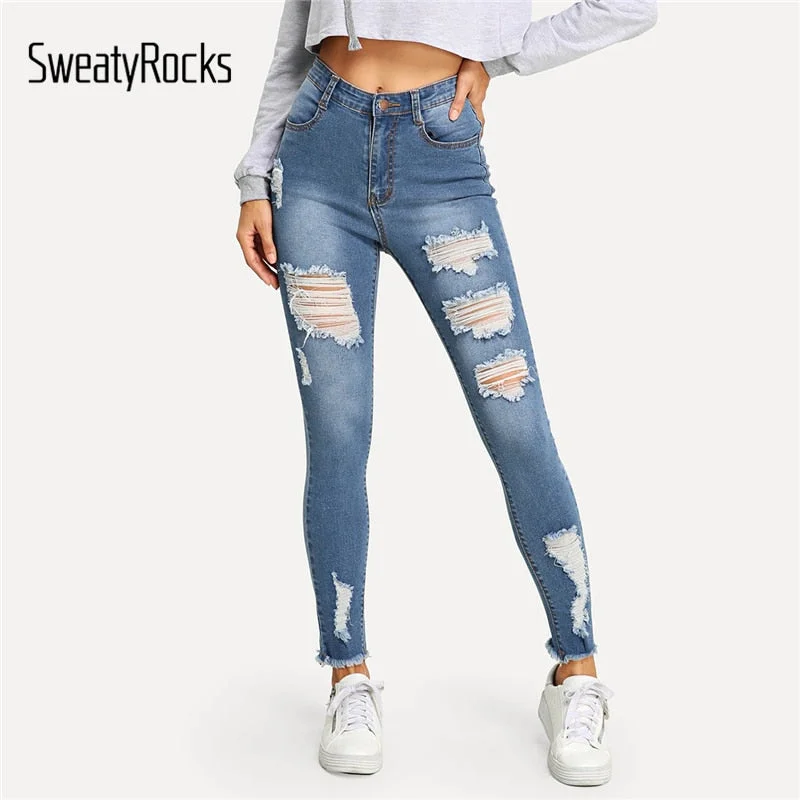 SweatyRocks Faded Wash Ripped Jeans for Women Streetwear Blue Denim Pants 2019 Button Fly Skinny Jeans Woman Casual Trousers Trousers Leisure Comfortable