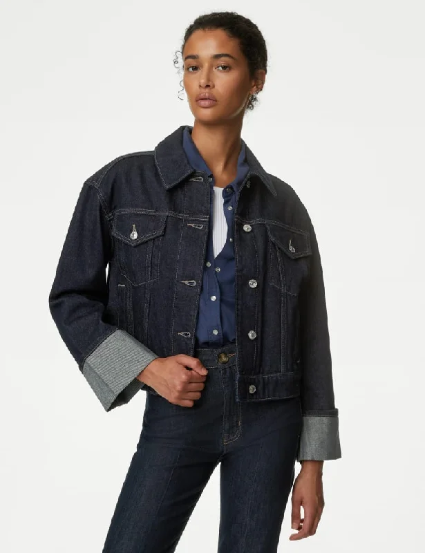 Denim Turn Up Cuff Jacket A-Line Jacket Boat Neck Shawl Collar