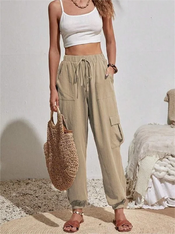 Rosa Clothing Trousers Pocket Casual Cargo Pants in Khaki Trousers Silk Elegant