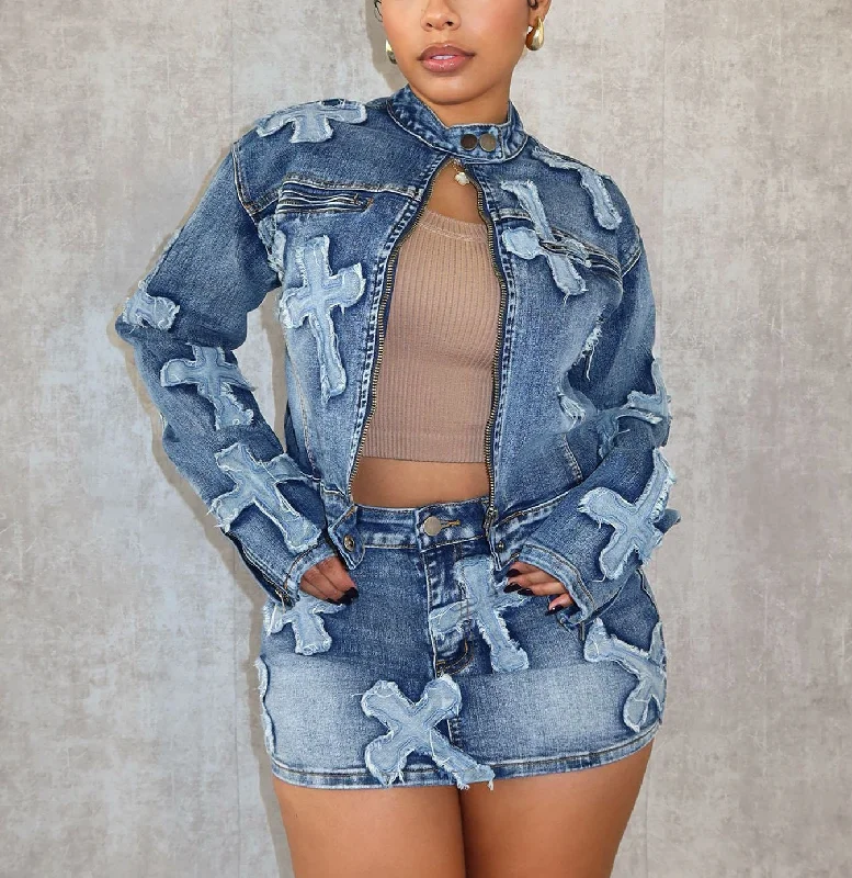 Sexy Denim Cross 2pc Jacket & Mini Skirt Set Mesh Jacket Canvas Jacket Denim Jacket