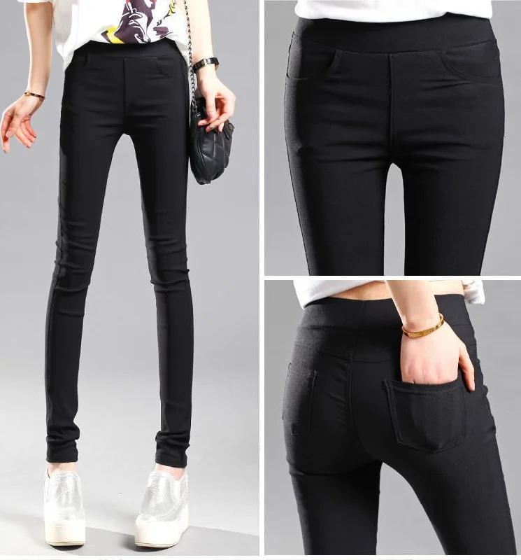 Women Pencil Pants Casual Elastic Waist Skinny Trousers Plus Size Black White Stretch Pants Trousers Fleece Cozy