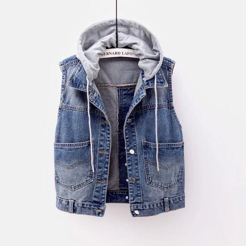 Women's Fashion Sleeveless Denim Jacket Cowboy Coats Soft Hooded Warm Outwear Corduroy Jacket Velvet Jacket Brocade Jacket