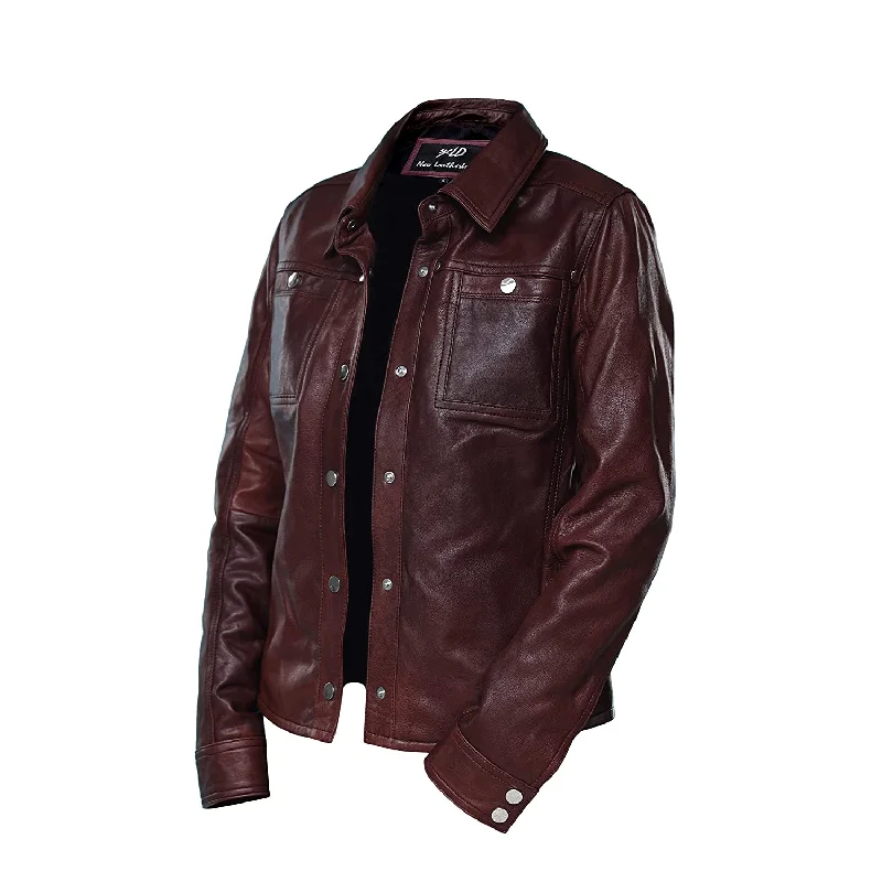 Women's Maroon Shirt Style Leather Jacket Front Pockets Side Pockets Patch Pockets