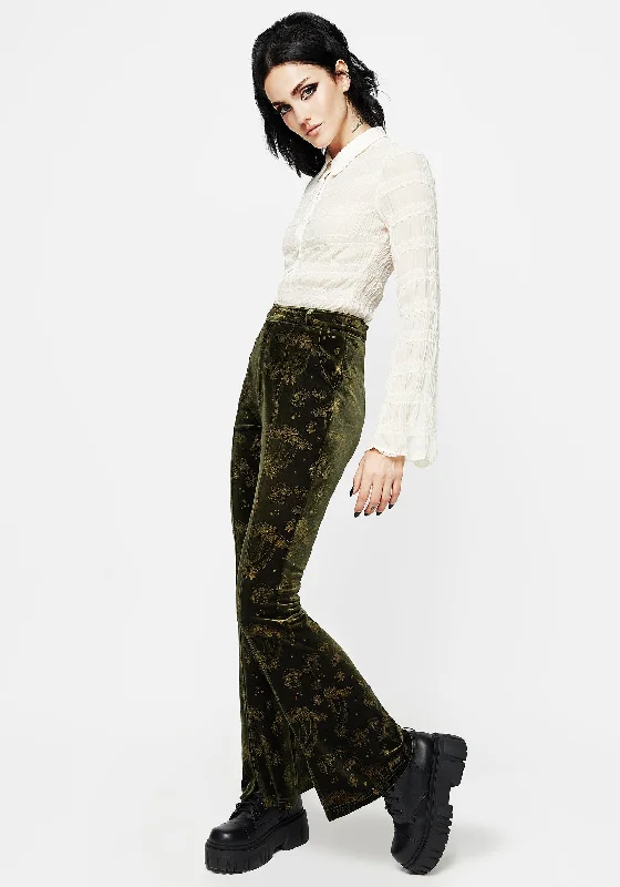 Faefire Foil Print Velour Split Slim Flare Trousers - Green Trousers Brand Named