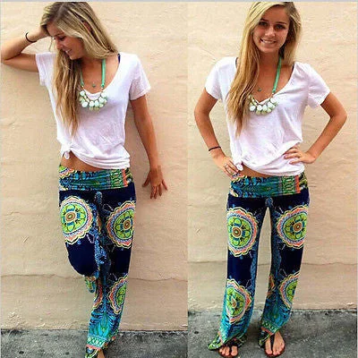 Blue Ladies Women's Fashion Floral Print Harem Pants Women Beach Clothing Loose Elastic Waist Trousers Casual Beach Pants Trousers Chinos Classic