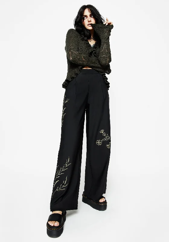 Herald Embroidered Wide Leg Trousers Chinos Cotton Straight Leg