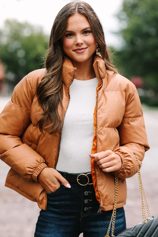 Give It Your All Camel Brown Faux Leather Puffer Jacket Rayon Jacket Velvet Jacket Corduroy Jacket