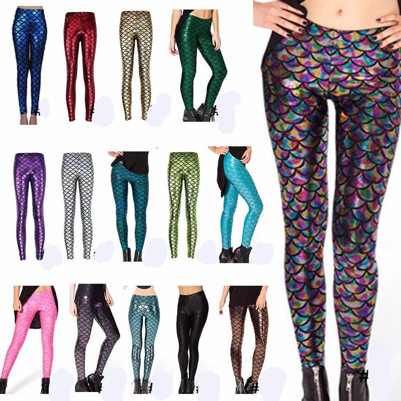 Fashion Trousers Digital Print Women Mermaid Fish Scale Leggings High Trousers Velvet Soft