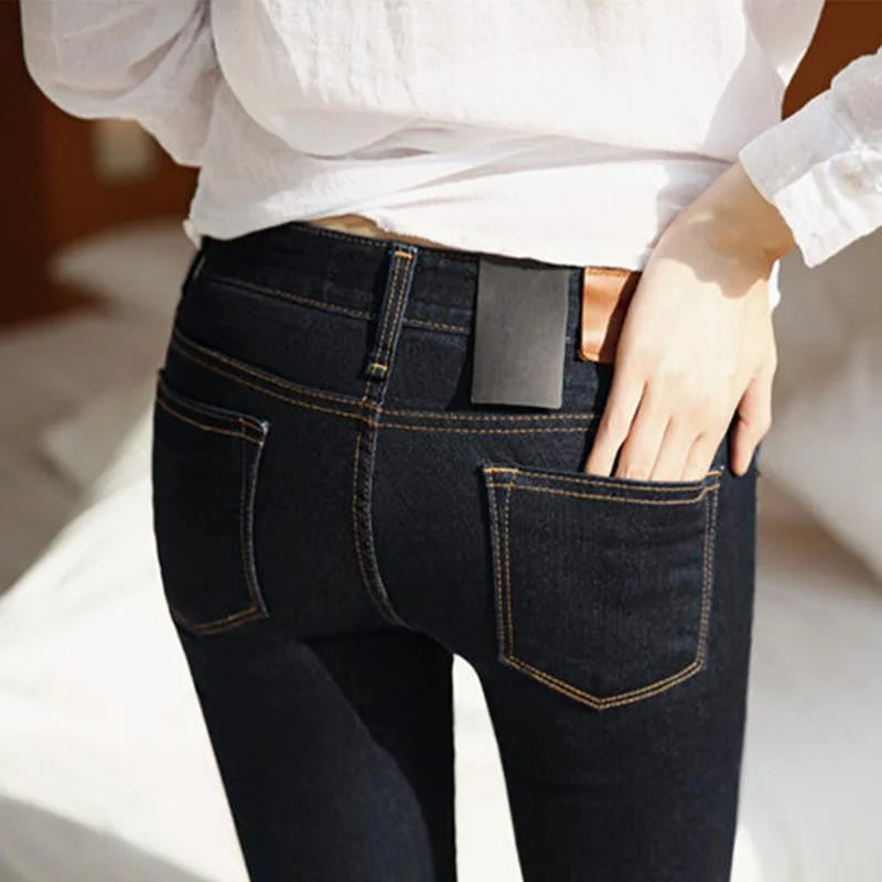 Winter Jeans Women Gold Fleeces Inside Warm Jeans Solid Skinny Denim Pencil Pants Low Waist Trousers P8022 Chinos Cotton Straight Leg