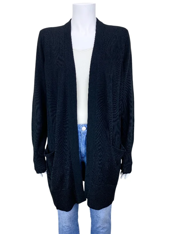 Nordstrom Women's Merino Blend Open Cardigan Sweater Black Size L Asymmetrical,ymmetric Pencil Cardigan