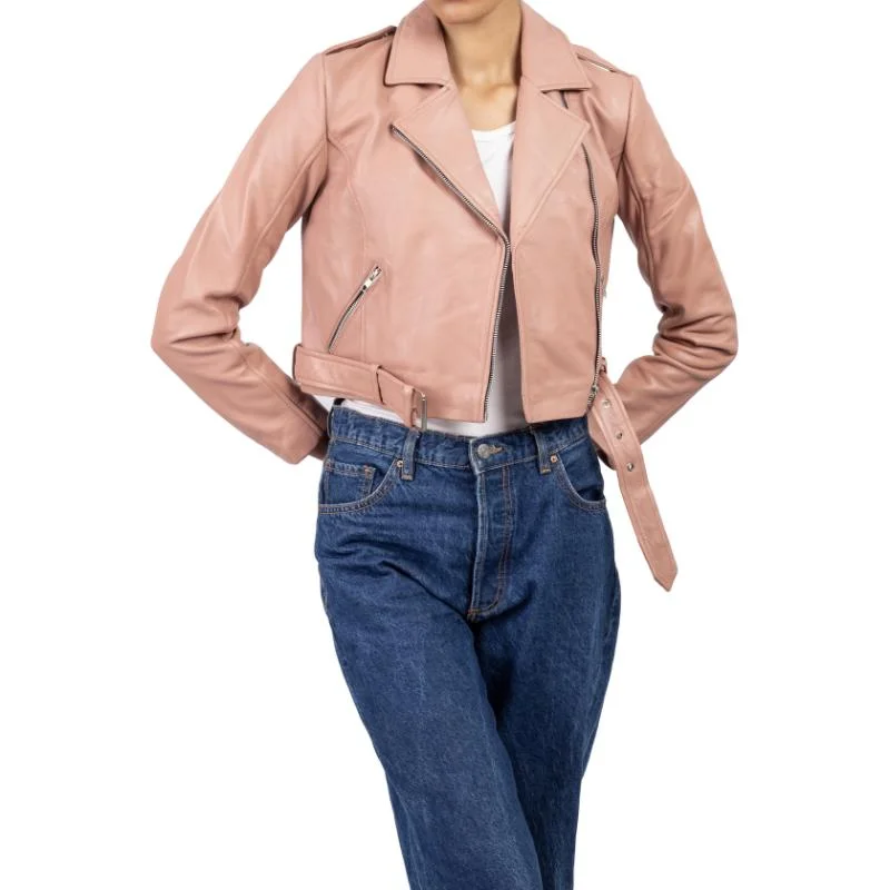 Womens Pink Cropped Leather Jacket Wool Jacket Cashmere Jacket Tweed Jacket