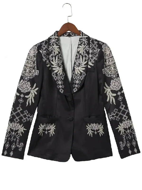 Pattern Print Lapel Long Sleeve Pockets Business Jacket XL 070042671 V-Neck Jacket Boat Neck Jacket Square Neck Jacket