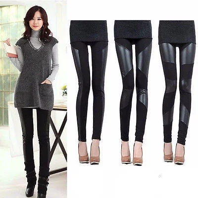 Fashion Womens Faux Leather Patchwork Black Leggings Pants Slim Trousers Pants Trousers Chinos Classic