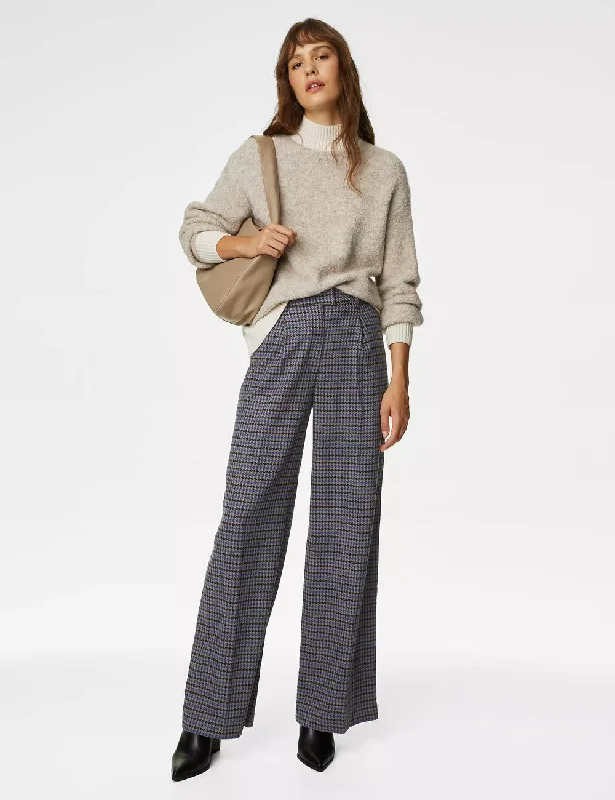 Dogtooth Pleat Front Wide Leg Trousers Trousers Hiking Durable