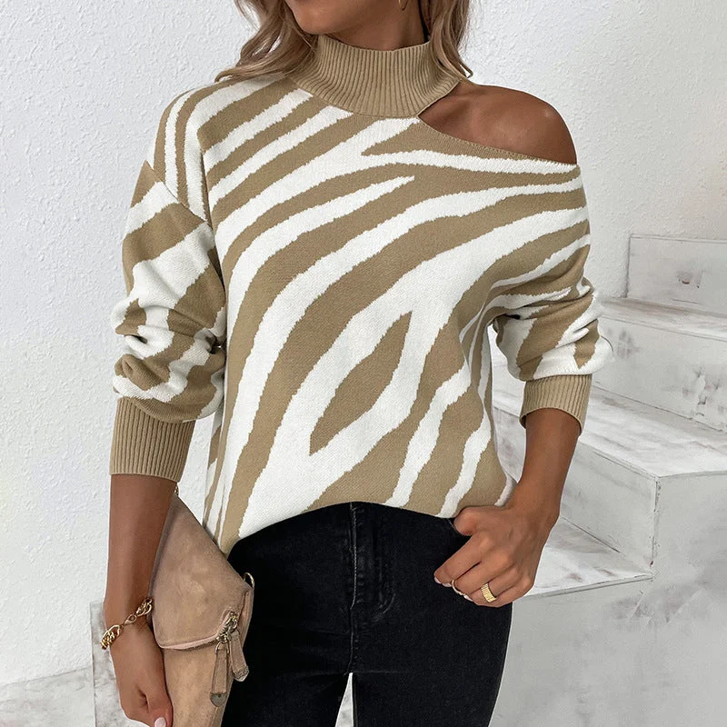 Ladies Sweaters Kniting High Collar Pullover Bicolor Tiger Off Shoulder Long Sleeve Cap Sleeve Casual