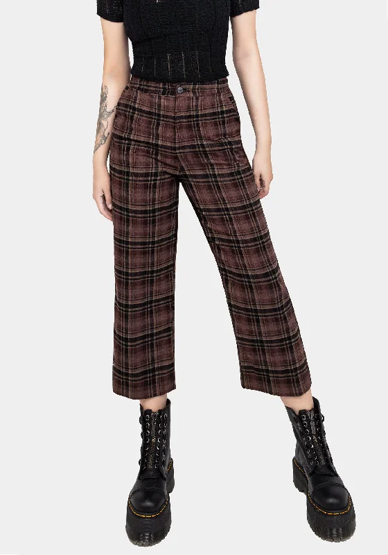 Hickory Check Straight Leg Trousers Wide Leg Loose Fit Mid Waist