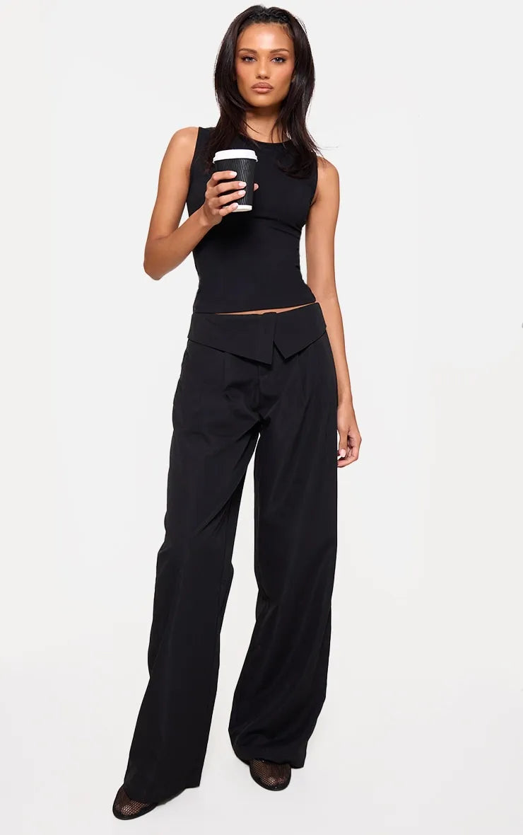 Black Turnover Waistband Detail Wide Leg Tailored Trousers Trousers Leather Faux