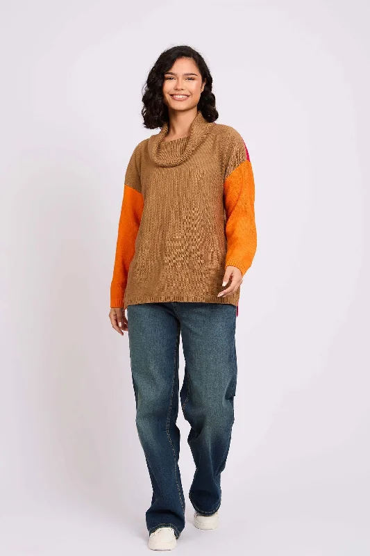 Blocks High Neck Loose Pullover Matcha/Orange Chunky Knit Pullover