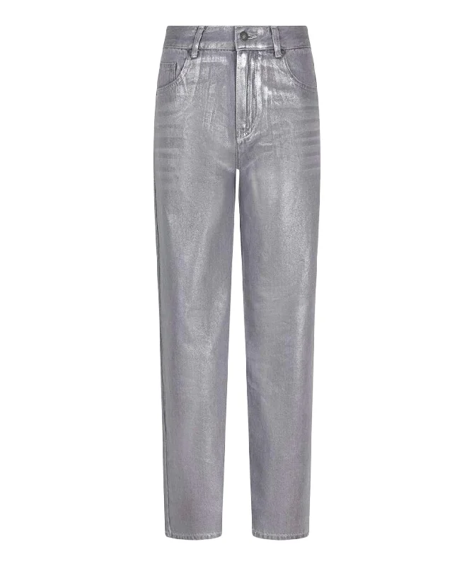 Metallic Coated Trousers In Silver Trousers Seasonal Trendy