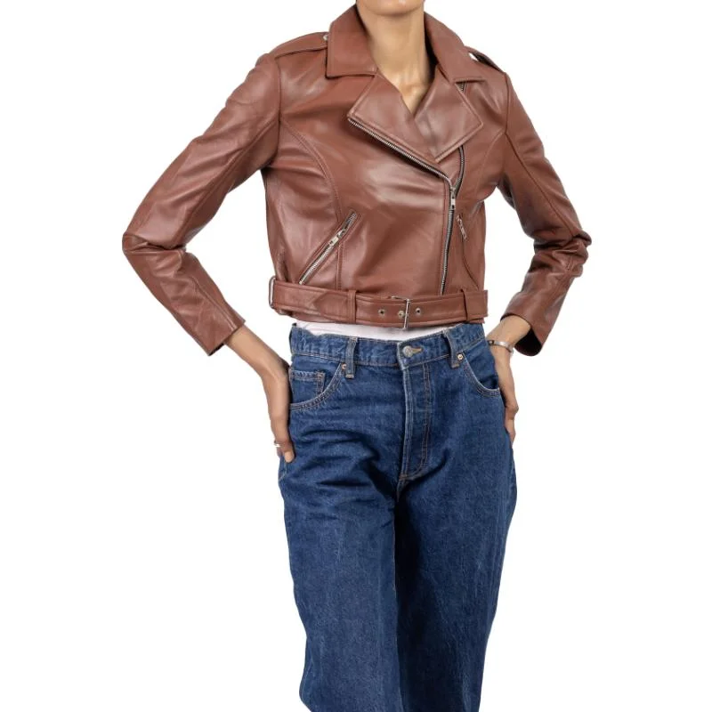 Womens Cognac Cropped Leather Jacket Anorak Shell Jacket Lightweight Jacket