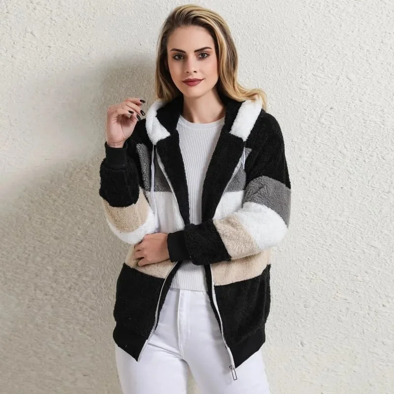 Winter Women Jacket New Warm Patchwork Zipper Pocket Stitching Hooded Plaid Faux Fur Retro Long Sleeve Top Coat Outwear XL - S5235488 Notch Collar Jacket Peter Pan Collar Jacket Cowl Neck Jacket