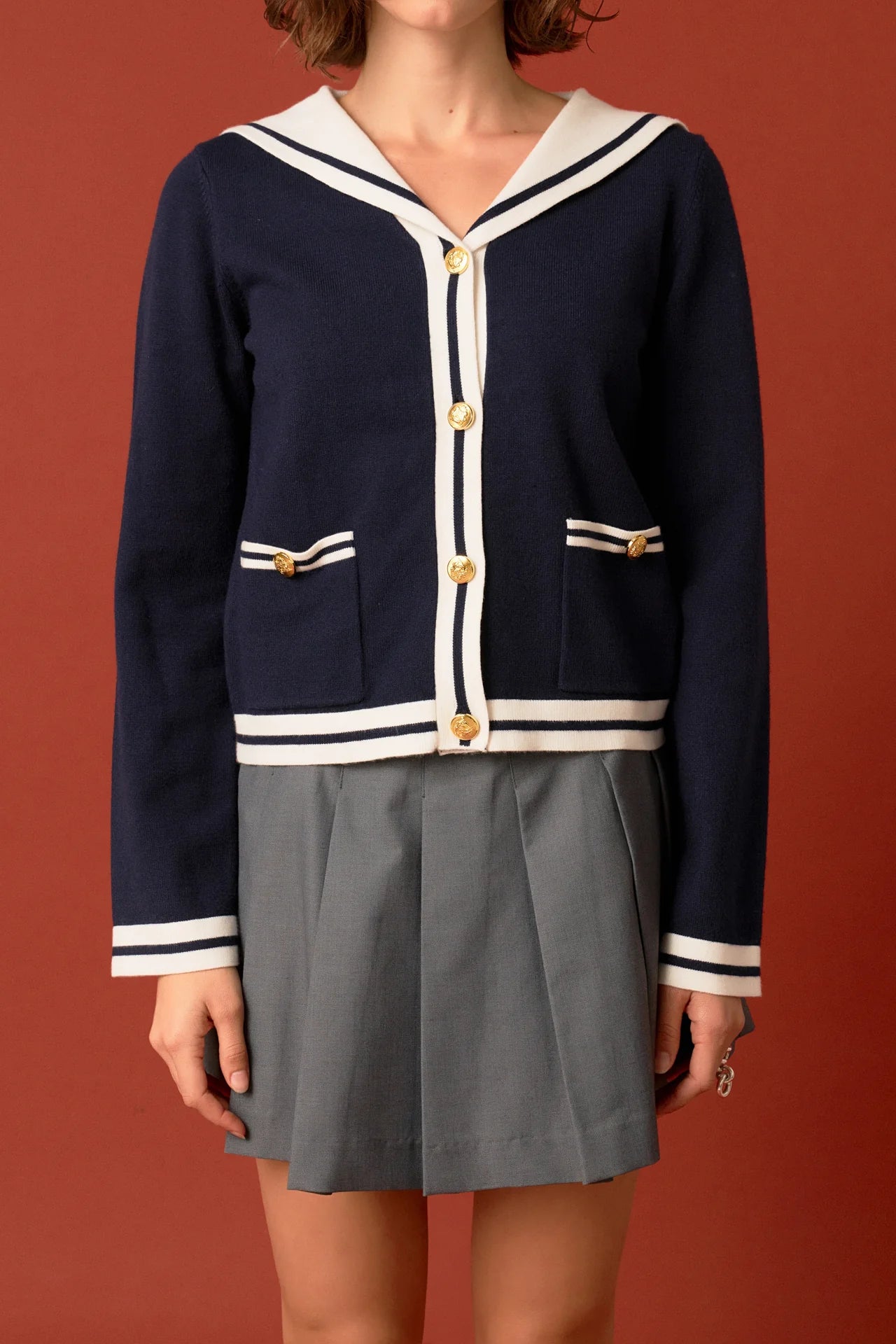 Contrast Sailor Collar Cardigan (Navy/White) Elegant Classic Vintage