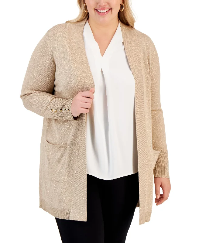 JM Collection Plus Size Button Sleeve Lurex Cardigan Cashmere Blend Cotton Blend Poly Blend