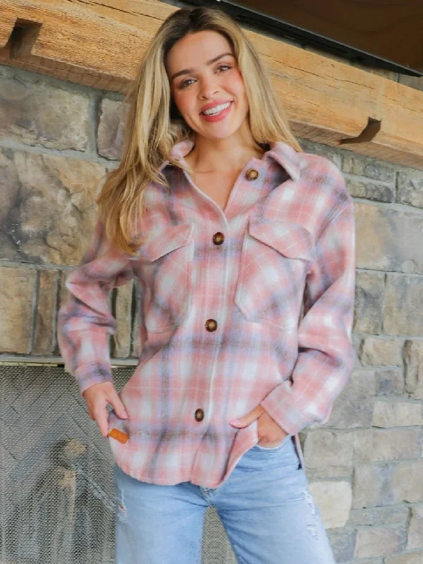 SS Shacket Jacket - Pink Plaid Fleece Fabric Down Fabric Feather Fabric