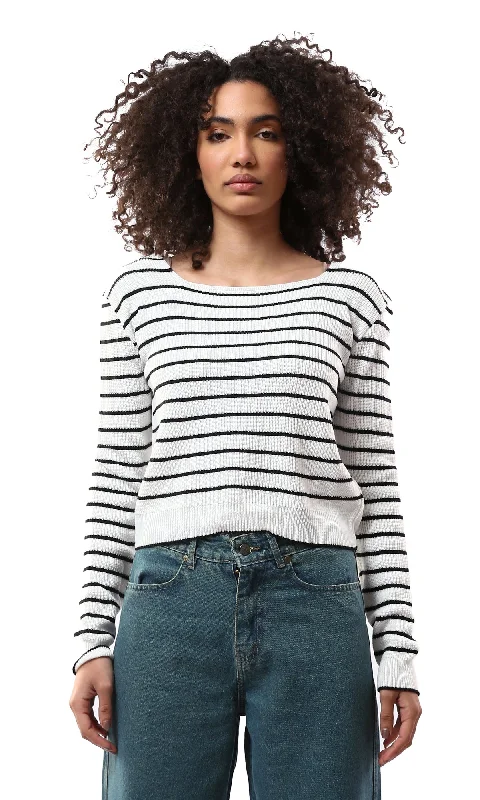 O173082 Black & White Striped Long Sleeves Short Pullover Port Neck Pullover