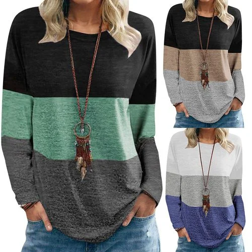 Womens Round Neck Pullover Color Contrast Top T-shirt Textured Knit Design