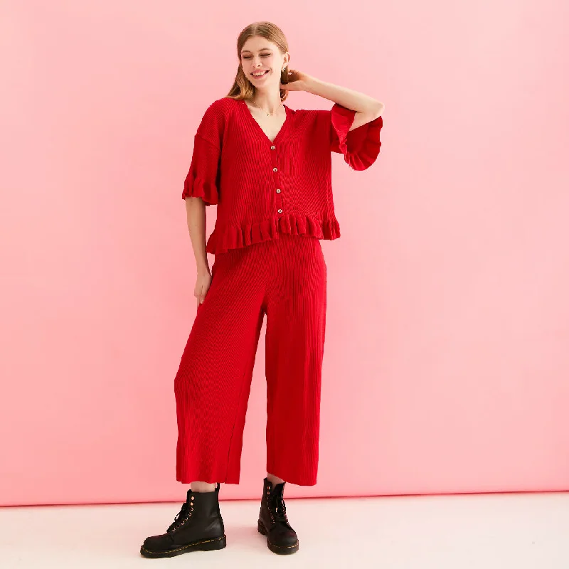 Martha Wide Leg Knitted Trousers Co-Ord - Red Trousers Versatile Stylish