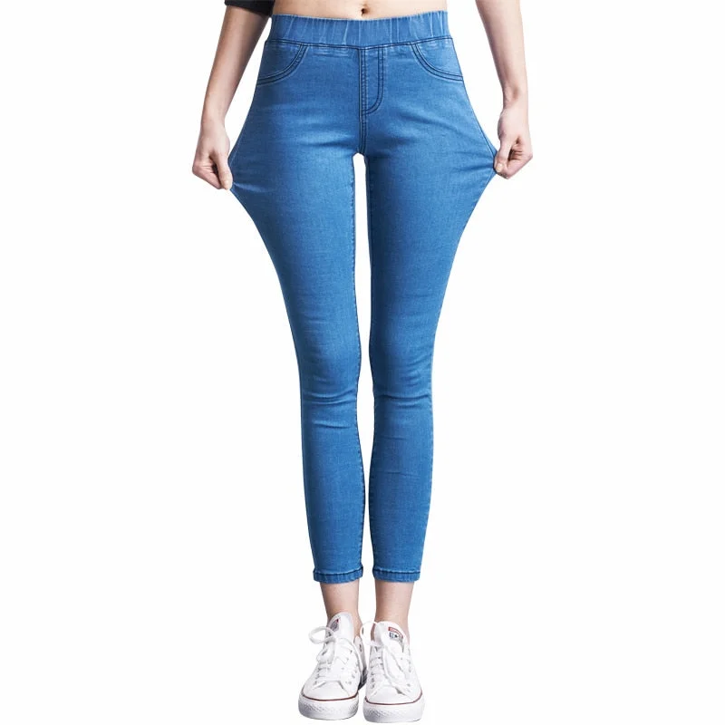 2018 Casual Women Jeans   high waist  Pant Slim Plus Size High Elastic  Denim Trousers for woman black blue 110kg Trousers Print Floral