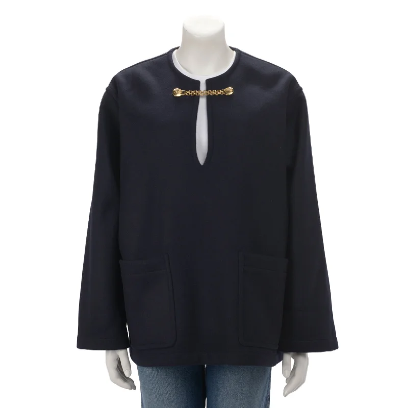 Celine Navy Wool Melton V-Neck Chain Pullover FR 38 Surplice Neck Pullover