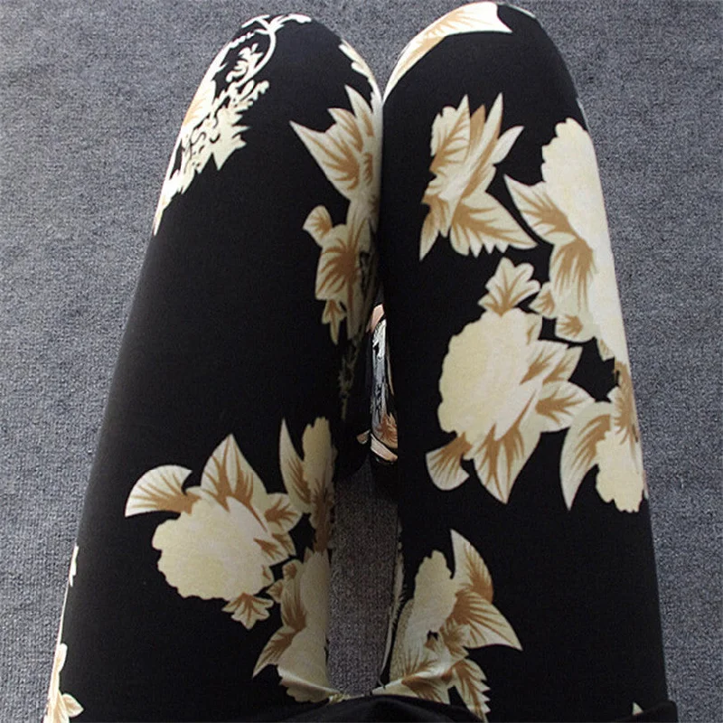 Floral patterned Printed Leggings Fashion Women Lady Slim Cotton Pants Black white Vintage graffiti trousers Trousers Satin Smooth