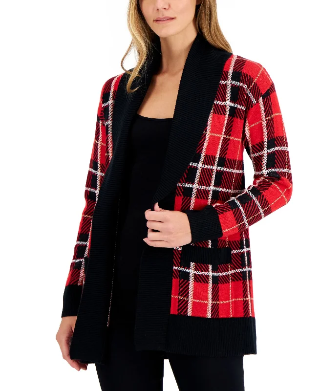 Charter Club Womens Plaid Open Front Cardigan Stylish Fashionable Trendy