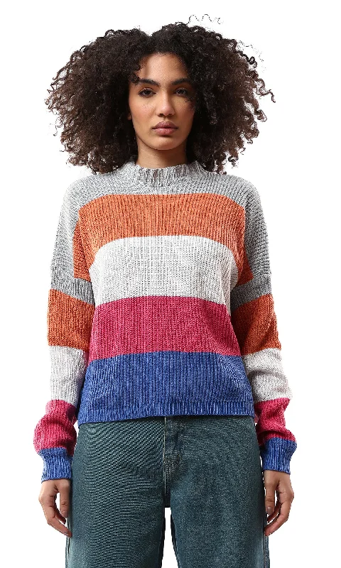 O173663 Colorful Chunky Knit Mock Neck Pullover Ruffle Neck Pullover