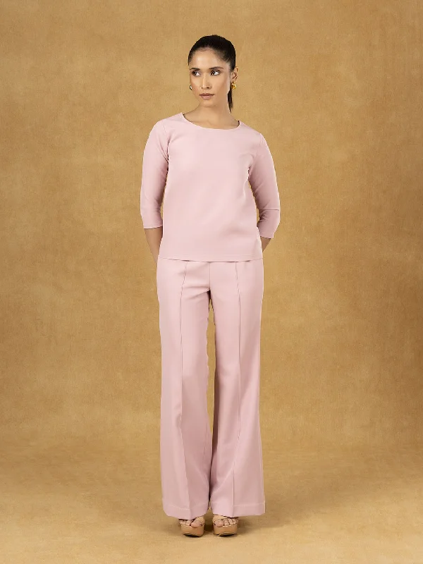 Pink Solid Boxy Top with Pullover Wide Leg Trousers Set Sleeve Pullover