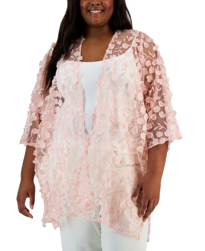 Plus Size Oversized Floral-Applique Side-Slit Sheer Cardigan Top Mesh Cardigan Canvas Denim