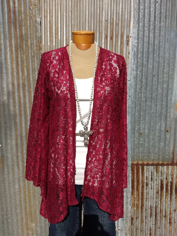 Maroon Lace Cardigan Slim Fit Regular Fit Oversized