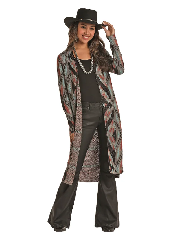 Women's Aztec Cardigan - Black Hooded Cardigan Collared Cardigan Shawl Collar