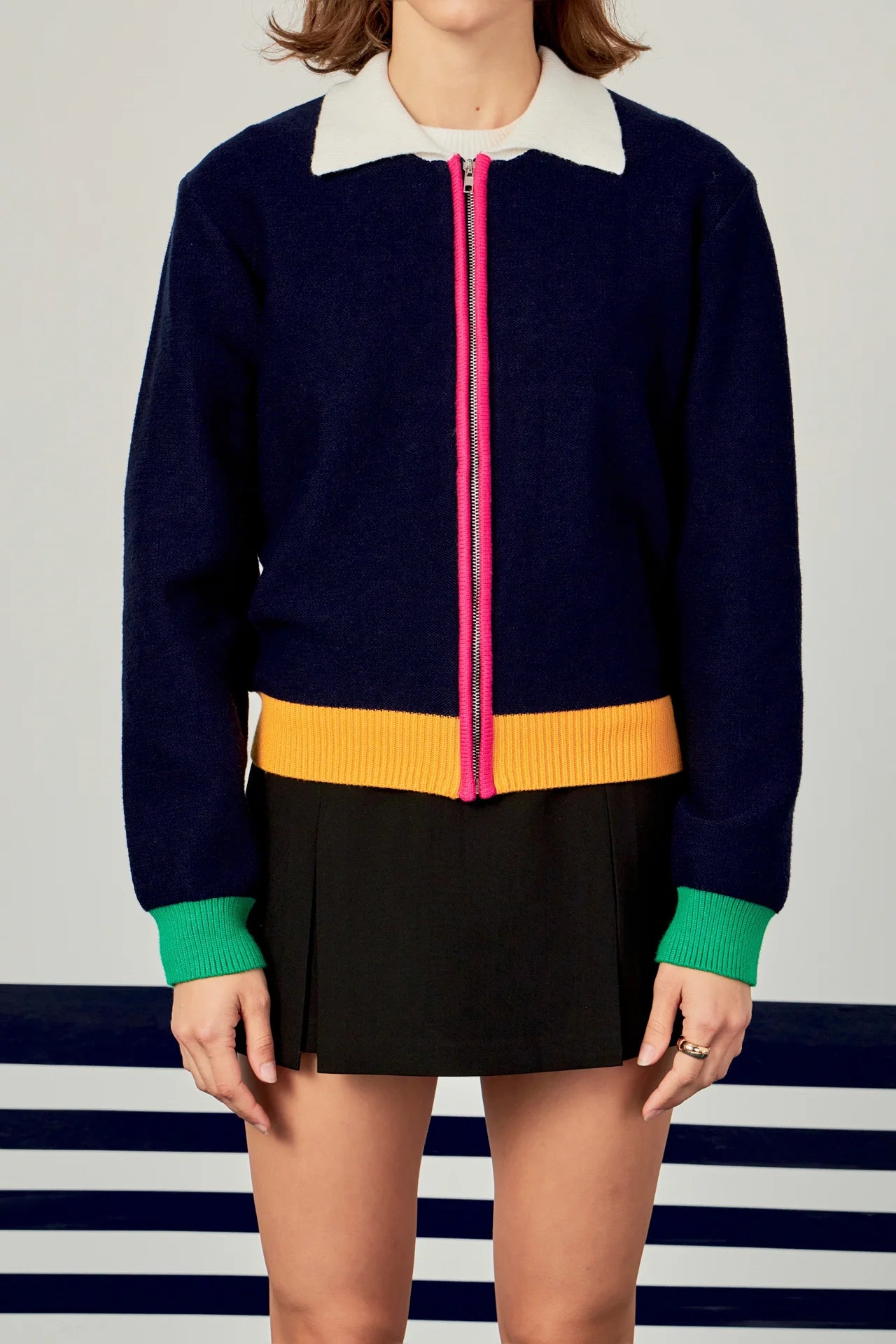 Colorblock Zip Up Cardigan (Navy Multi) Modern Contemporary chic