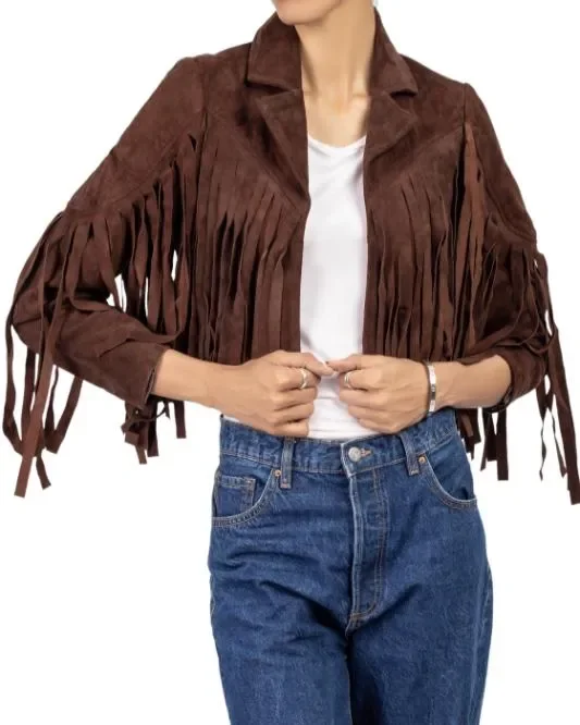 Women's Brown Lambskin Suede Leather Jacket with Fringe Detailing Belted Jacket Elasticated Jacket Padded Jacket