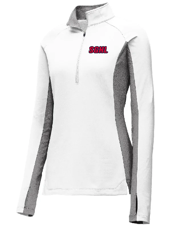 SGHL Ladies Sport-Wick Stretch Contrast 1/4-Zip Pullover Fitted Ribbed Sweater