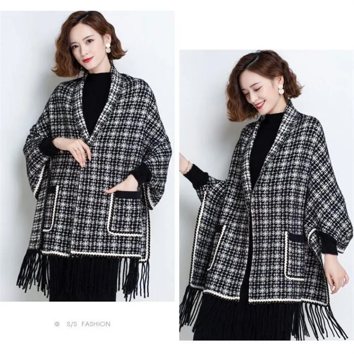 Autumn And Winter New Imitation Mink Velvet Tassel Shawl Women's Plaid Knitted Jacket B-367810 Rayon Fabric Velvet Fabric Corduroy Fabric