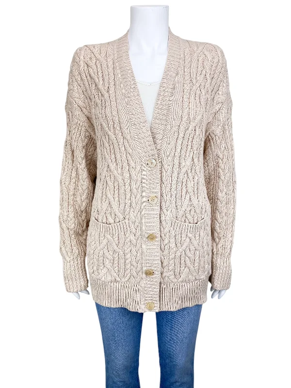 J. Crew Women's Cable Cardigan Sweater Toasted Cream Size L Patchwork Embroidered Appliqued