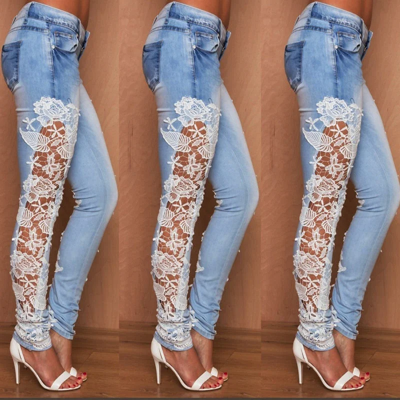 Women Stretch Lace Floral Side Spliced Denim Trousers Hollow Out Slim Pencil Pants Women Jeans Femme Pantalo Trousers Wedding White